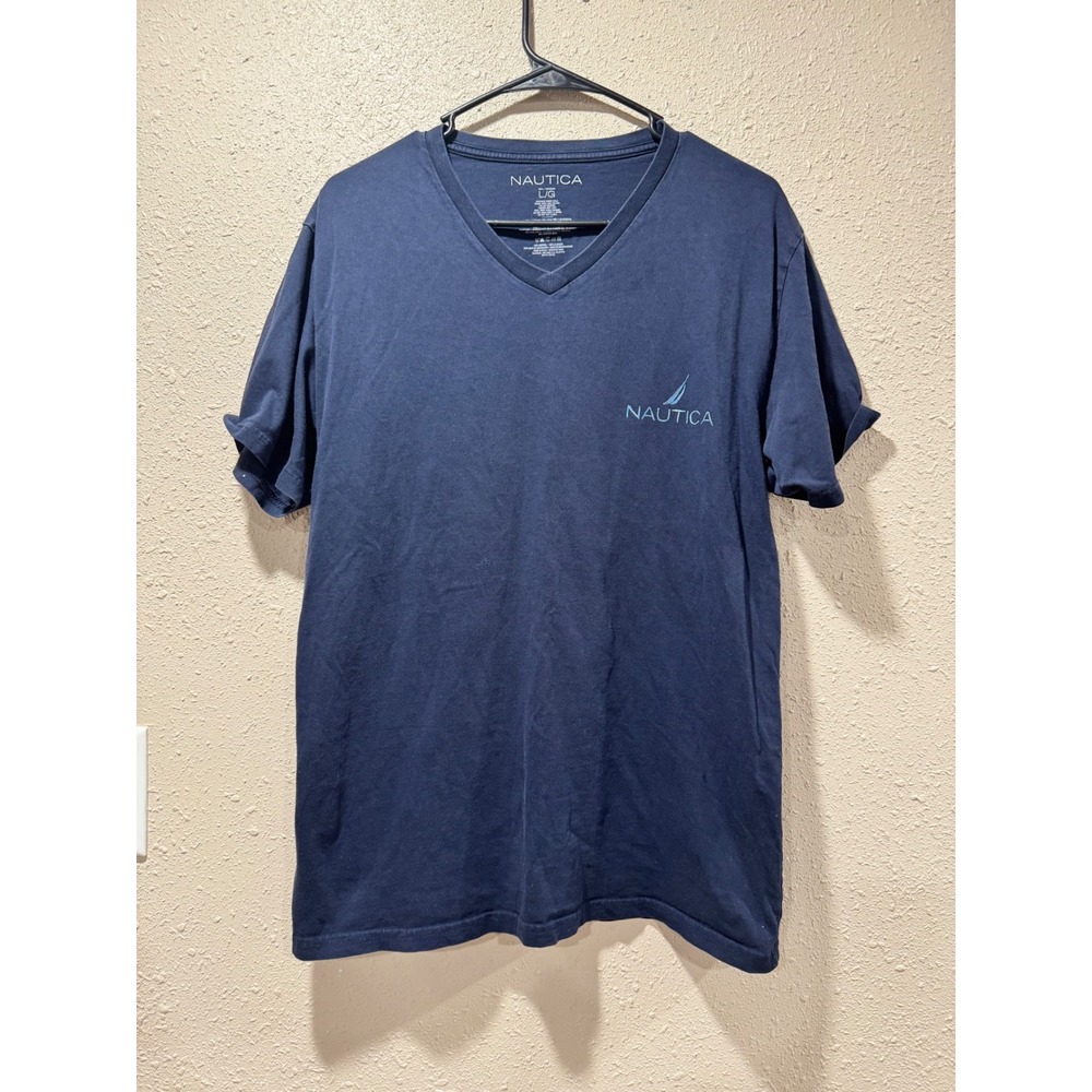 Nautica Mens V-Neck T-Shirt Navy Blue Cotton Logo Short Sleeve Tee Large L/G